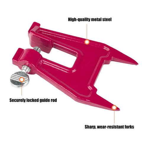 Red metal chainsaw stump vise clamp with securely locked guide rod and sharp, wear-resistant forks