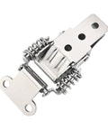 Close-up of Four Pack Stainless Steel Spring Loaded Draw Latches With Double Action Clip Hasps for toolboxes, silver, detailed view.