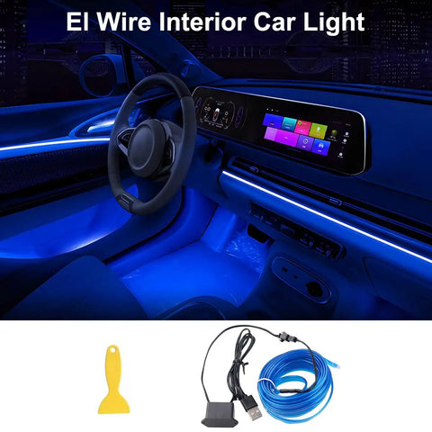 Interior Car LED Strip Lights 16.5Ft USB Neon EL Wire With 6mm Sewing Edge Blue Ambient Lighting Kit installed in car interior.