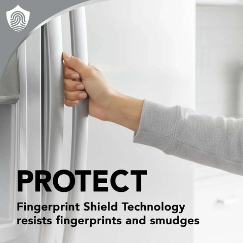 Hand on refrigerator handle showing Stainless Steel Cleaner And Polish Kit Three Piece With Spray Wipes And Cloth Anti Fingerprint Formula