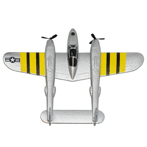 Top view of Beginner Friendly P38 RC Plane With 2.4GHz 2CH RTF Remote, Lightweight EPP Foam Warbird, showcasing yellow stripes.