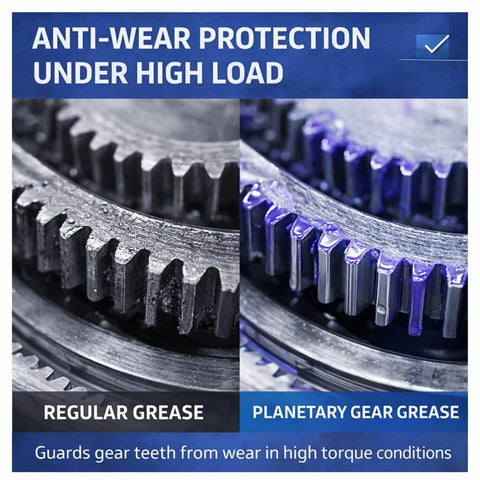 Comparison of regular grease and planetary gear grease on gear teeth, highlighting Pro Grade Low Noise Lithium Complex Gear Grease performance