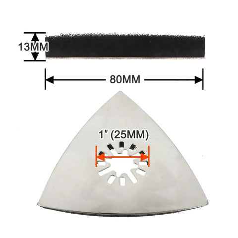 80mm Triangular Sanding Pads 4 Pack Hook Loop Stainless Steel Multitool Discs with dimensions and dust venting holes