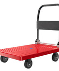 Heavy Duty Foldable Hand Truck With Smooth Quad Wheels And Nonslip Plastic Platform For No Sweat Moving Of Large Parcels And Storage Gear Around The Office Or Garage - red cart with a non-slip platform.