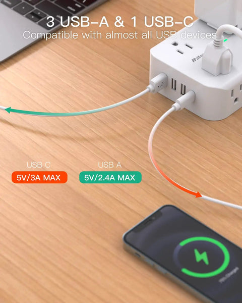Beefy 12-Device Power Strip With 10Ft Cord Flat Plug Wall Mount 8 AC Outlets And 4 USB Ports (1 USB-C) charging devices