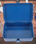 Heavy Duty Metal Tool Box Pair In Blue Thick Iron Construction With Sturdy Latches Portable Trunk Storage For Your Ride Or Home Workshop Solid Setup, open view.