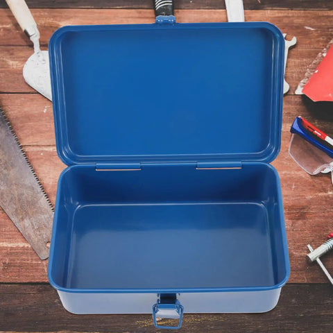 Heavy Duty Metal Tool Box Pair In Blue Thick Iron Construction With Sturdy Latches Portable Trunk Storage For Your Ride Or Home Workshop Solid Setup, open view.