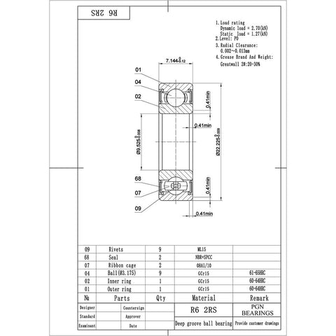 R6 2RS deep groove ball bearing drawing; lubricated chrome steel with rubber seal, 3/8 x 7/8 x 9/32 in