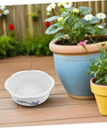 Four Piece Bowl Planter Set For Water Lilies, Lotus And Daffodils Hydroponic Flower Pots For Indoor Gardens, Low Maintenance, No Fuss Watering, Easy Decor For Home Or Office, Versatile Plant Pot Combo white bowl planter set on wooden deck with potted flowers