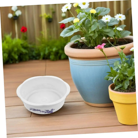 Four Piece Bowl Planter Set For Water Lilies, Lotus And Daffodils Hydroponic Flower Pots For Indoor Gardens, Low Maintenance, No Fuss Watering, Easy Decor For Home Or Office, Versatile Plant Pot Combo white bowl planter set on wooden deck with potted flowers