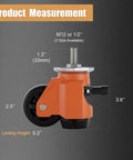 Height Adjustable Stem Leveling Casters With Ratchet Handle, Includes Half Inch And M12 Stem Sizes, Set Of 4 Heavy Duty Industrial Retractable Casters With Total Load Capacity 1400 Lbs, Ideal For Mobile Carts Equipment And Tool Stations T70 close-up with size measurements