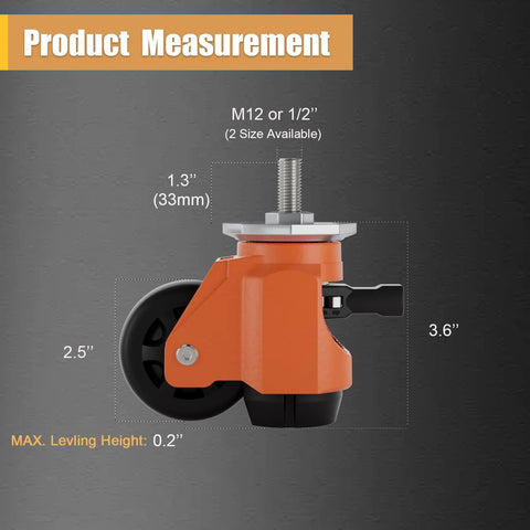 Height Adjustable Stem Leveling Casters With Ratchet Handle, Includes Half Inch And M12 Stem Sizes, Set Of 4 Heavy Duty Industrial Retractable Casters With Total Load Capacity 1400 Lbs, Ideal For Mobile Carts Equipment And Tool Stations T70 close-up with size measurements