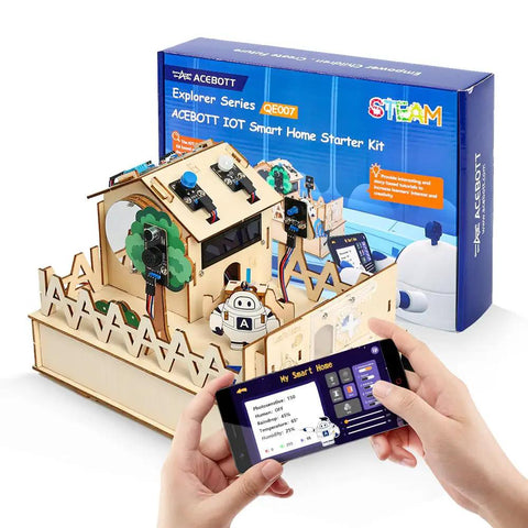 IoT Smart Home Hands-On Coding Kit For Arduino Fans with 3D wooden puzzles and voice app control, shown with smartphone interface