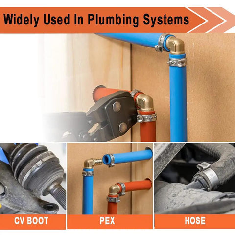 All In One PEX Cinch Clamp Tool Kit With 26 Half Inch Clamps And 12 Brass Fittings Including 2 Tee 4 Coupling 6 Elbow Connectors For Fast Easy DIY Home Plumbing Setup Snug Fit in plumbing use with PEX pipes and brass fittings.