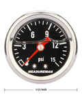 Measureman 1.5-inch black-dial liquid-filled fuel pressure gauge, 304 stainless steel case, 0-15 psi (front view)