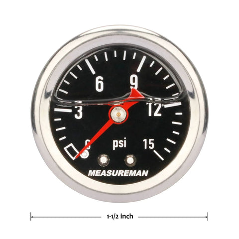Measureman 1.5-inch black-dial liquid-filled fuel pressure gauge, 304 stainless steel case, 0-15 psi (front view)