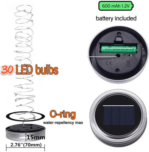 Solar Mason Jar Lights 12 Pack With 30 LED Fairy Firefly Jar Lids String Lights showing lid details and battery included