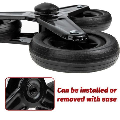 Close-up view of a heavy-duty stair climbing wheel replacement for folding shopping trolleys and material transport carts, 8.66x8.66x1.96 inch triangle core casters with text 'Can be installed or removed with ease'.