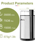 Electric Coffee Grinder With Quiet Operation shown with product parameters including size and weight specifications.