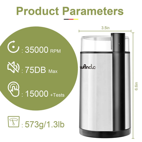 Electric Coffee Grinder With Quiet Operation shown with product parameters including size and weight specifications.