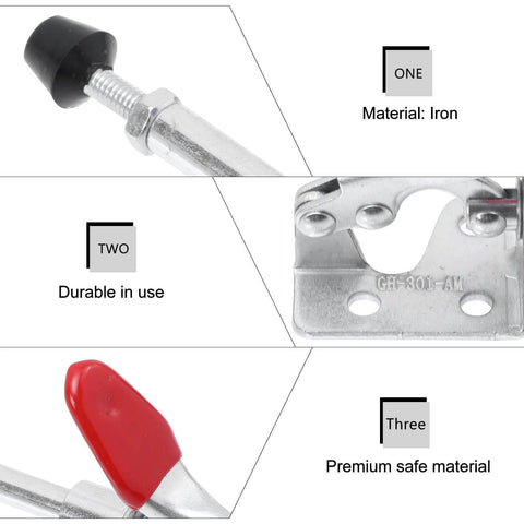 Close-up of Toggle Clamp Set Four Pack With Quick Release Push Pull Action made of iron material, showing durability and safety features.