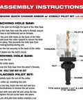 Milwaukee 2-1/2-inch ice-hardened hole saw with quick-change arbor and pilot bit; assembly instructions diagram.