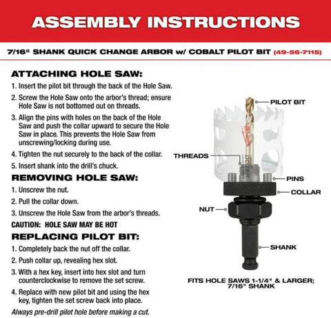 Milwaukee 2-1/2-inch ice-hardened hole saw with quick-change arbor and pilot bit; assembly instructions diagram.