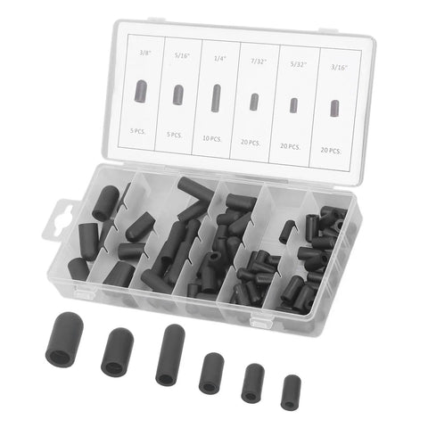 Rubber Vacuum Hat Plug Kit, 80-Piece Cap And Plug Assortment, shown in plastic organizer box with various sizes of hose caps.