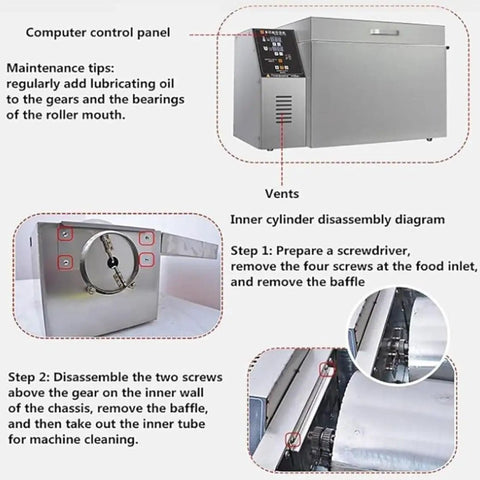 Heavy Duty Electric Nut Roaster For Coffee Beans And Peanuts, control panel and disassembly instructions, stainless steel design.