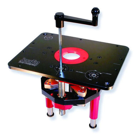 Premium Router Lift With Dead Smooth Height Adjustment And Tough As Nails Top Plate Includes Full Ten Piece Insert Ring Set Plus Quick Access Storage Tray For Woodworking Pros showing height adjustment dial and sturdy base.