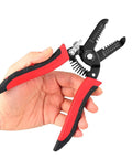 10-22 AWG Wire Stripper Cutter For Home And Pro Use, heavy duty tool with red non-slip handle and manganese steel blades in hand