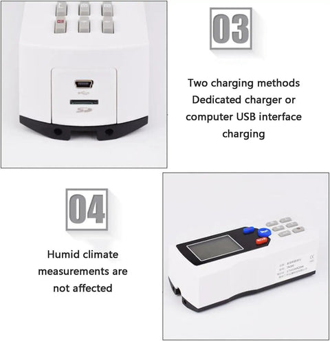 Handheld Surface Roughness Tester With LCD Display And Diamond Probe, 0.001 Micron Precision Profilometer For Metal Surfaces, Rechargeable, Pro-Grade Readouts For Planes, External, Bore, Grooves, And Tapered Surfaces. front and side view with USB charging