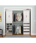 Pair Of Wood Closet Organizer Doors In Taupe Shaker Style With Satin Nickel Handles Add On For Modular Storage Shelf Units Concealed Storage Solution Today in a closet setting with clothes and shoes displayed.
