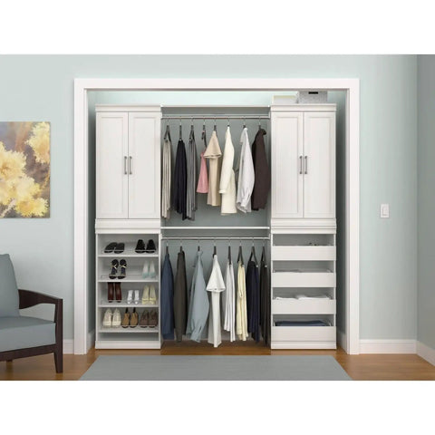 Pair Of Wood Closet Organizer Doors In Taupe Shaker Style With Satin Nickel Handles Add On For Modular Storage Shelf Units Concealed Storage Solution Today in a closet setting with clothes and shoes displayed.