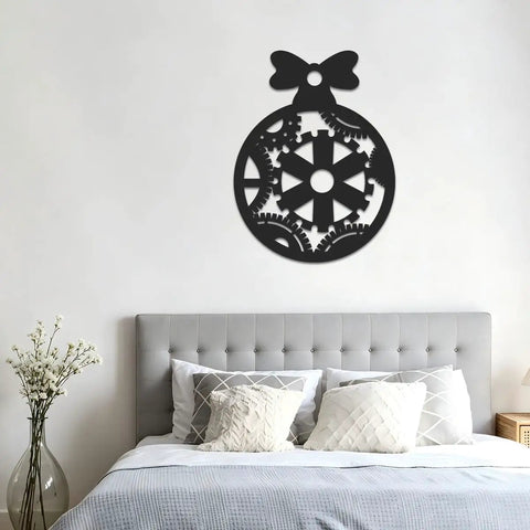 Black Steampunk Gear Pocket Watch Bow Metal Wall Art Decor For Industrial Home With Nature Themed Cabin Forest Farm Wildlife Scenes Sculpture mounted on a wall above a bed.