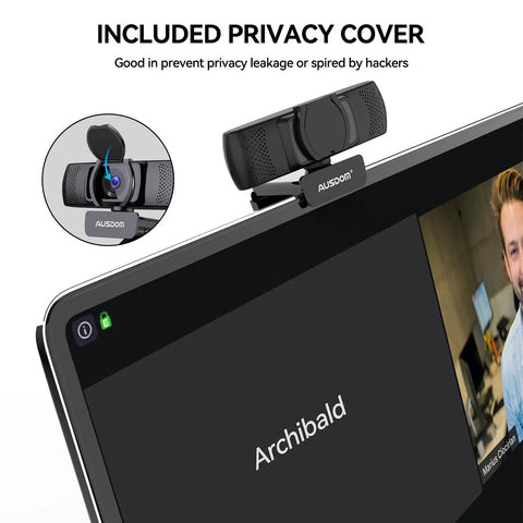 Straight Up Crisp 1080P Full HD Webcam With Dual Echo Busting Mics And 90 Degree Wide Angle View Plug And Play USB Camera mounted on a laptop with privacy cover.
