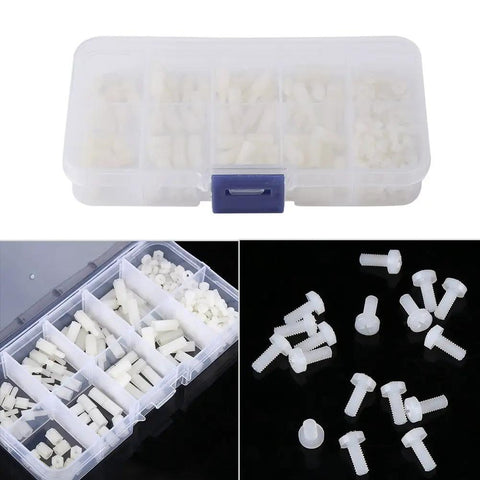 Built Tough Top Shelf M2.5 Hex Nylon Standoff Spacer Kit Featuring 200 Pieces Of Assorted Male And Female Mounts Screws And Nuts For Professional Tech Builds Daily, organized in a clear storage case.