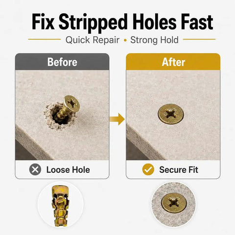 Comparison of loose and secure fit using 6x14mm Short Expansion Cabinet Hinge Repair Screws And Anchors Kit For Loose Holes And Shallow Holes Wall Fasteners DIY Friendly 50 Pack For Cabinets Doors And Shelves