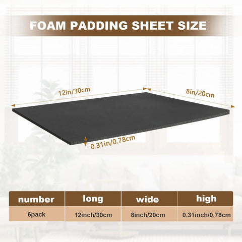 Six Pack Adhesive Neoprene Foam Sheets One Eighth Inch Thick Twelve By Eight Inch displaying size dimensions for soundproofing and vibration dampening.