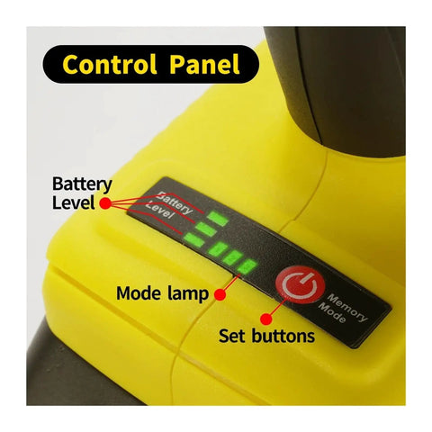 Control panel of Badass Brushless Electric Rivet Nut Gun shows battery level, mode lamp, and set buttons.