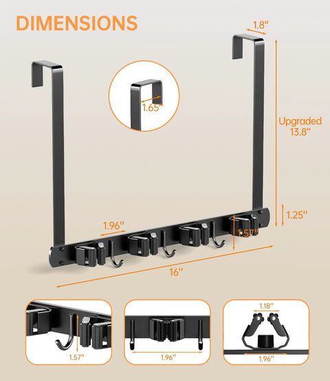 Diagram of an over-the-door broom and mop holder in 304 stainless steel, showing dimensions and hooks for organizing tools.