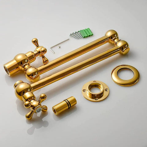 Brass Pot Filler Faucet Wall Mount With Folding Double Joint Swing Arms Titanium Gold Finish components on display