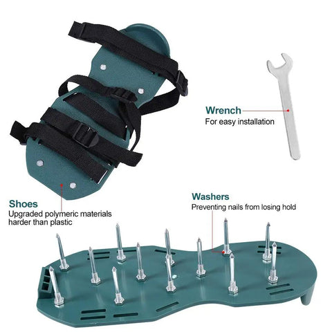 Pre Assembled Lawn Aerator Shoes With Spiked Metal Grips, Adjustable Straps For Men And Women shown with wrench and washers