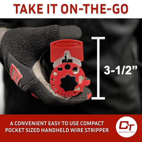 Hassle Free Portable Handheld Copper Wire Stripper For Scrap Wire Recycling Adjustable Cable Tool displayed in a gloved hand; 3-1/2 inch size shown.