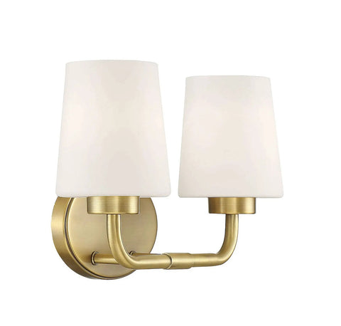 Capra Two Light Mid Century Modern White Opal Glass Bathroom Vanity Wall Light With Warm Brass Finish, front view