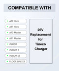 Compatibility chart showing models A10 Hero, A11 Hero, A10 Master, A11 Master, iFLOOR, iFLOOR 3, iFLOOR S3, FLOOR ONE S3 with 26V Replacement Charger For Tineco Cordless Vacuums A10 Hero A10 Master A11 Hero A11 Master iFLOOR S3 And Floor One S2 Series Fast Charge Secure Fit Compact Design Overload Protection Power Adapter.