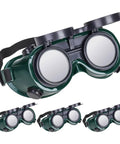 Top Shelf Welding Goggles Four Pack Anti Glare Safety Glasses With Comfy Adjustable Fit Rock Solid Build Blocks Sparks Heat And Metal Shavings For Daily Grind viewed from front with dark green frame and mirrored lenses.
