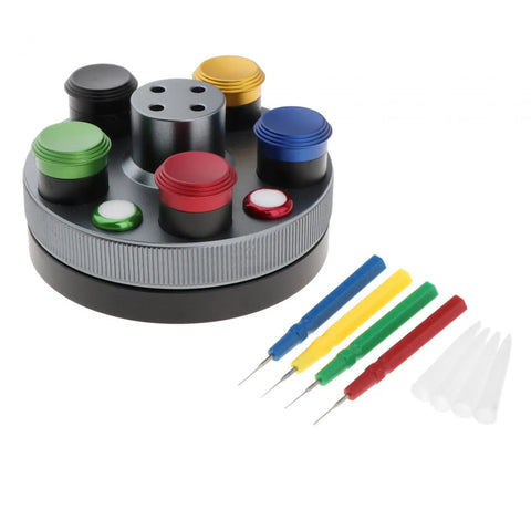 Pro Grade Watch Oil Dish Tool Kit with five color-coded dishes and four pens on rotating holder for easy watch repair.