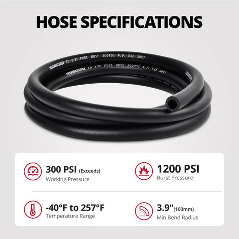 Three Eighth Inch Fuel Hose Line Push Lock NBR Rubber SAE 30R7 coiled with hose specifications, 300 PSI, 10 feet