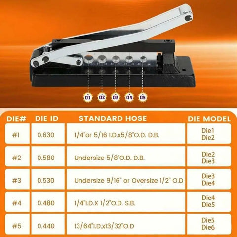 Heavy Duty H8 Hose Crimping Kit For Desk Or Portable Use With Five Die Sizes Chart and Tool Image